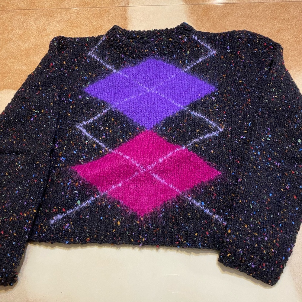 Handmade black w/colored fleck spots & purple & magenta argyle center sweater